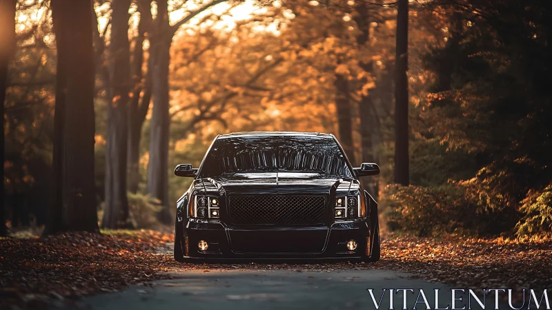 Black pickup truck on forest road in autumn light.