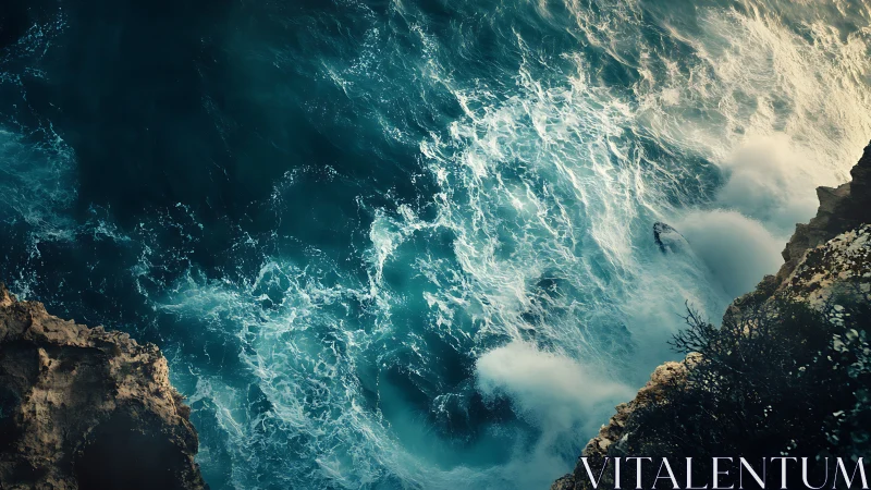 Cliff-edge surf roars beneath swirling teal ocean light.