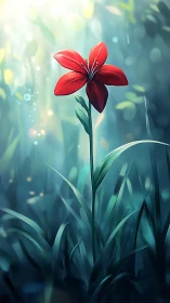 Solitary red flower glows softly in a dreamy forest haze