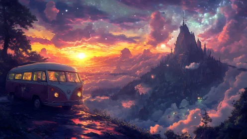 Vintage van facing distant cloud city at vivid sunset.