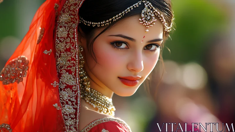 Woman in red bridal attire faces camera with direct gaze