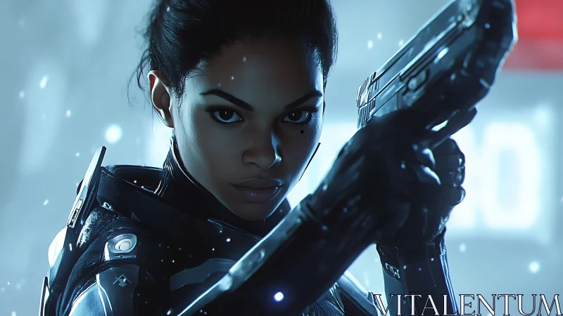 Focused female sci fi soldier aiming futuristic handgun.