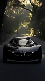 Midnight-black concept car gliding through sunlit forest.