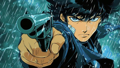 Rain‑streaked anime gunman in extreme foreshortened perspective.