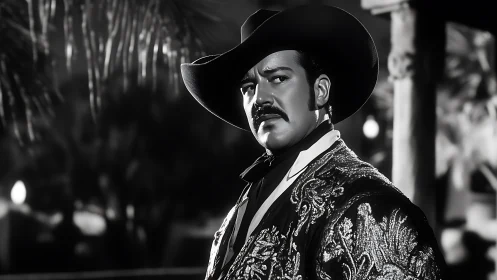 High-contrast monochrome portrait of charro-style performer in ornate jacket
