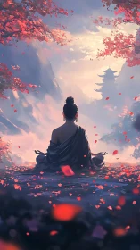 Serene mountain meditation beneath soft sunrise petals.