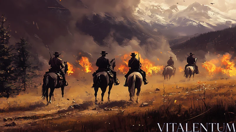 Mounted riders advance toward wildfire under smoky alpine sky