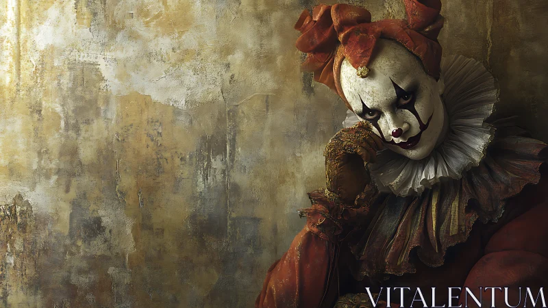 Mysterious clown rests against a worn golden wall.