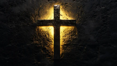 Textured stone cross with recessed backlighting on dark wall.