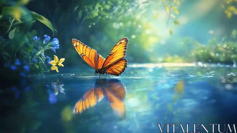 Monarch Butterfly Resting by a Stream in Dreamy Nature Scene.