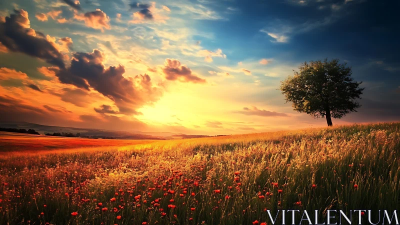 High-saturation sunset landscape with lone tree on sloping meadow