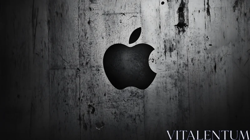 Dark metallic apple logo emerges from distressed steel wall.