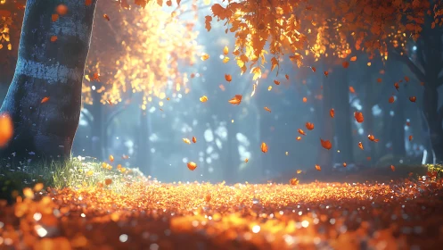 Autumn leaves whirl in a spellbound forest of molten light.