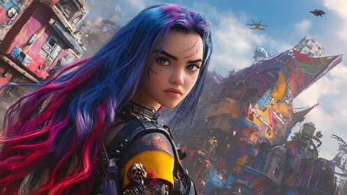 Neon-haired street rebel in chaotic cyberpunk favela.