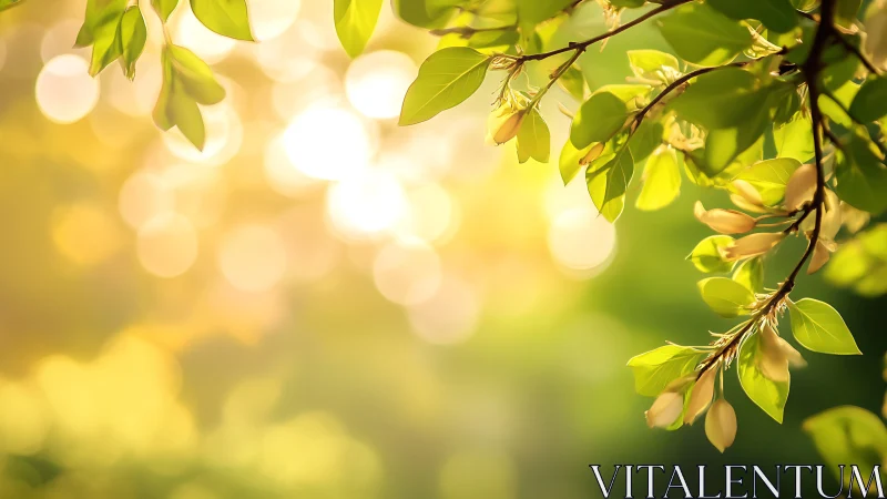 Sunlit Green Leaves with Soft Bokeh Background, Nature Photography.