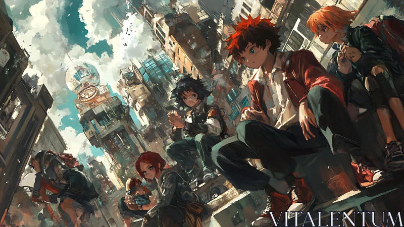 City rooftop friends share a bright pause above the bustle