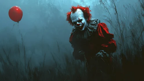 Sinister clown advances through fog with vivid red balloon