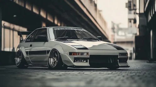 Modified white coupe parked in urban alley under overpass.