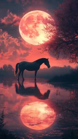 Silhouetted horse at crimson supermoon over reflective marsh