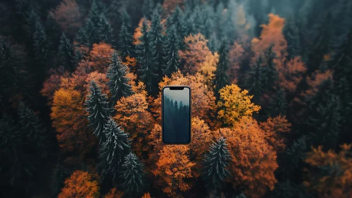 Smartphone Positioned Within Aerial Forestry Composition.