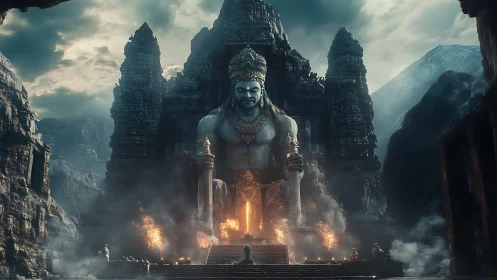 Colossal stone deity statue amid ruined mountain temple.