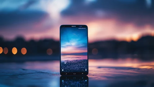 Smartphone on reflective shore capturing twilight seascape