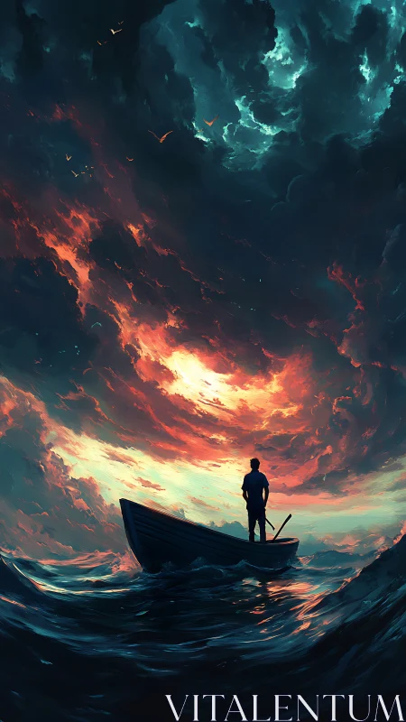 Solitary boat beneath a blazing, storm-torn sky at sea.