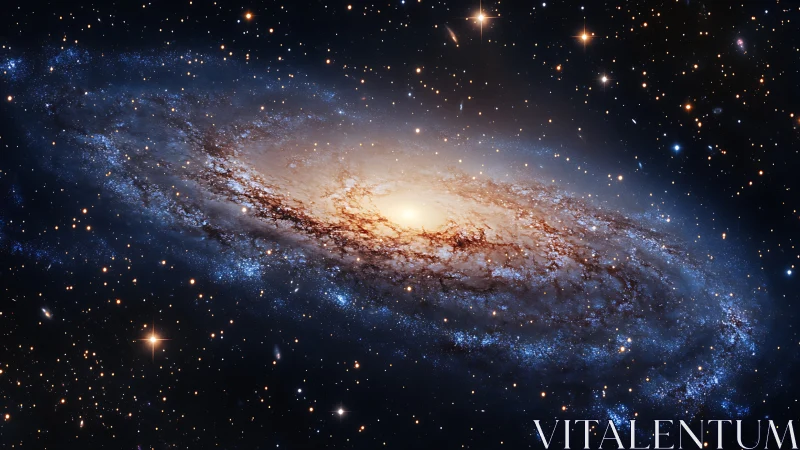 Edge-on spiral galaxy with dense star field background in space.