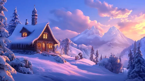 Snowbound mountain cabin glows under pastel winter sunset.
