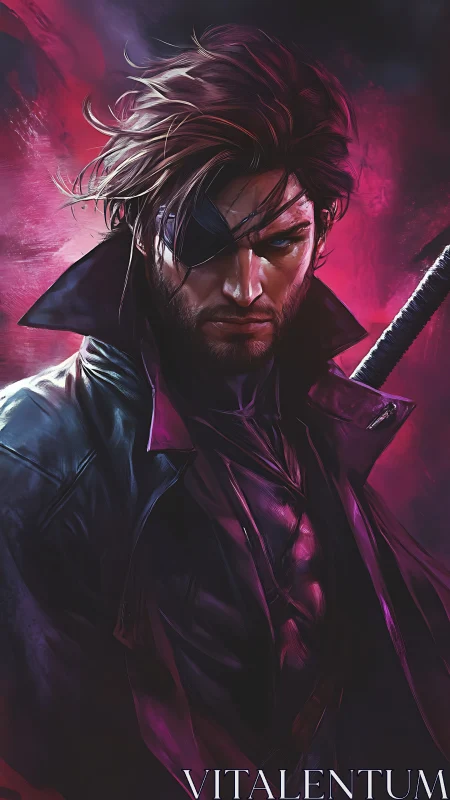 Storm-lit rogue with an eyepatch in neon shadowed coat.