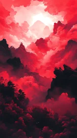 Crimson cloud chasm over jagged mountains in radiant light.