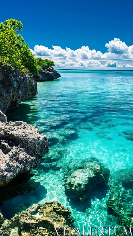 Rocky tropical shoreline with clear turquoise sea water.