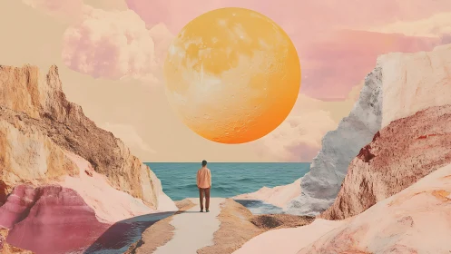 Surreal coastal wanderer gazes toward an enormous pastel sun