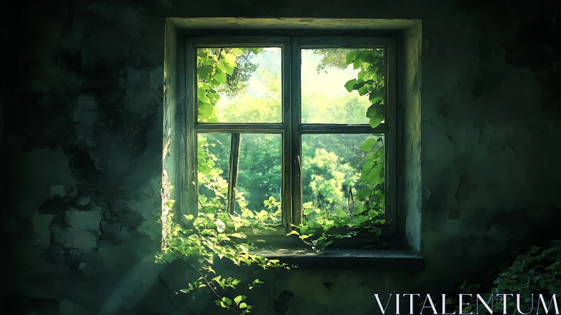 Botanical reclamation through dilapidated masonry window frame.