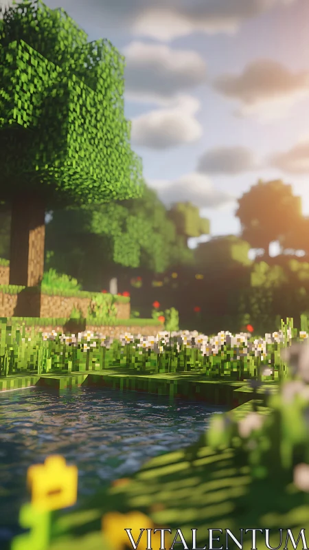 Voxel landscape with trees, water, flowers and sunlight.