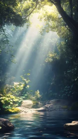 Photoreal forest glade with dappled light and reflective stream.