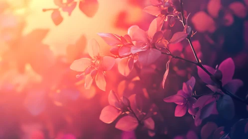 Sunlit pink blossoms in dreamy warm bokeh glow.