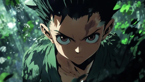 Fierce young warrior locks eyes with destiny in a wild forest