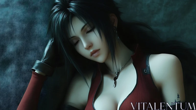 Midnight warrior at rest in velvet-lit digital dreamscape.