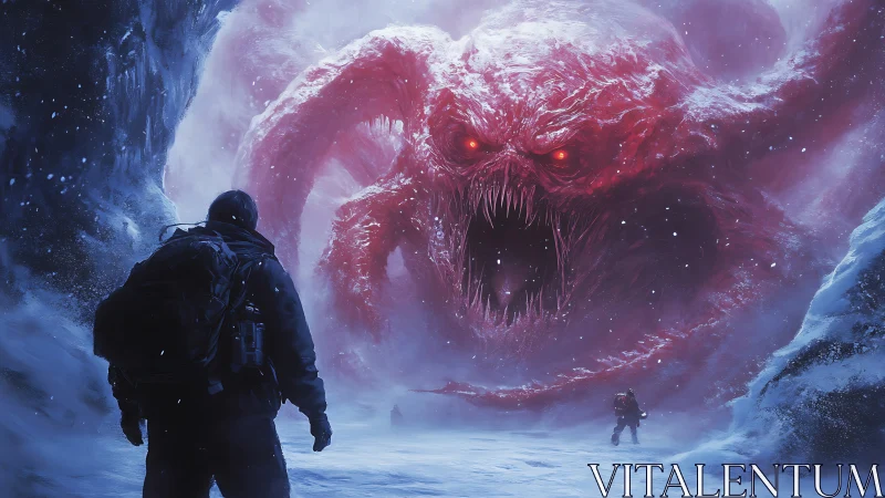 Frozen explorers face colossal red storm creature together.