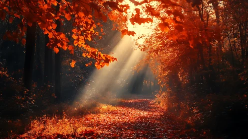 Sunlit forest pathway with dense autumn foliage canopy.