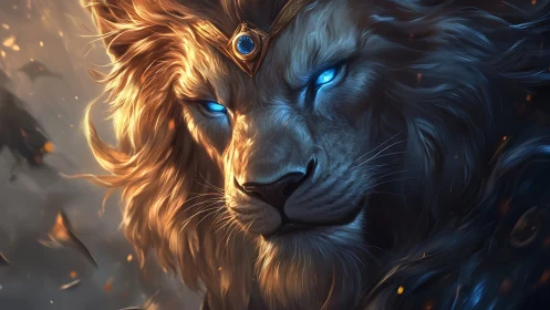 Crowned starlight lion peers through embers and swirling dusk