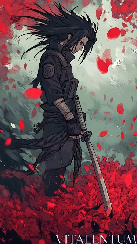 Swordsman stands in red foliage with petals swirling around