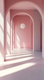 Soft pink arcade interior captures serene geometric light