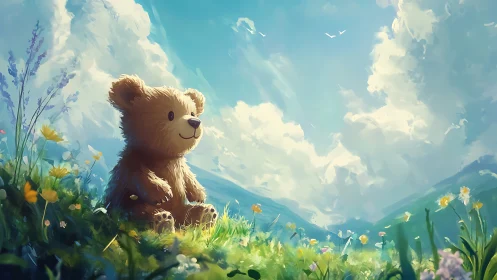 Teddy bear sitting in bright wildflower meadow under sky.