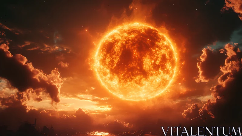 Gigantic fiery sun dominating storm lit alien sky.