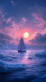 Sailboat crosses polar sea under luminous pink twilight moon