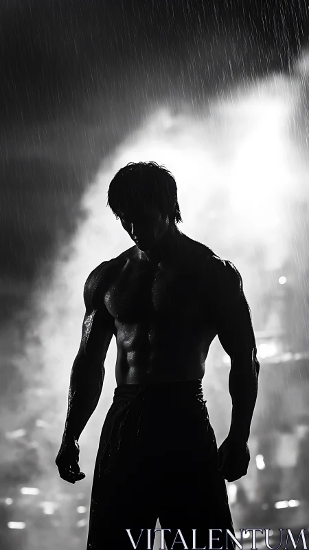 Silhouetted fighter stands tense in dramatic rainstorm.