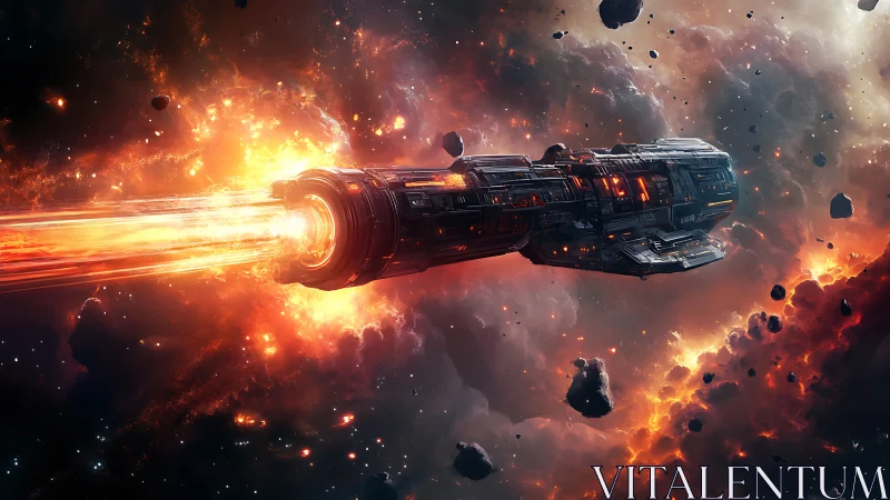 Star-cracked dreadnought knifes through a molten asteroid storm