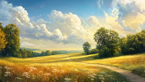 Golden country path wanders through a bright summer meadow